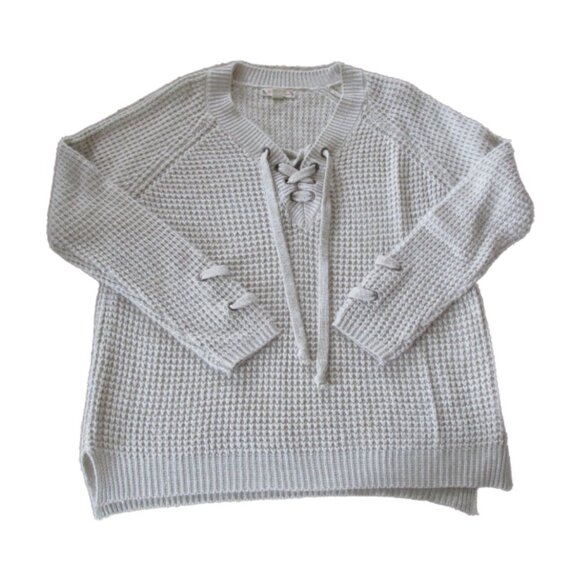 It's Our Time Sweater Womens Large‎ Beige Tan Long Sleeve V Neck Pullover Shirt - Picture 1 of 6